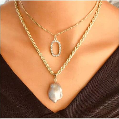 Irregular Pearl Pendant Choker Gold Chain Crystal Jewelry Vintage Statement Collar Party Gift Double Layer Alloy Chain Necklace