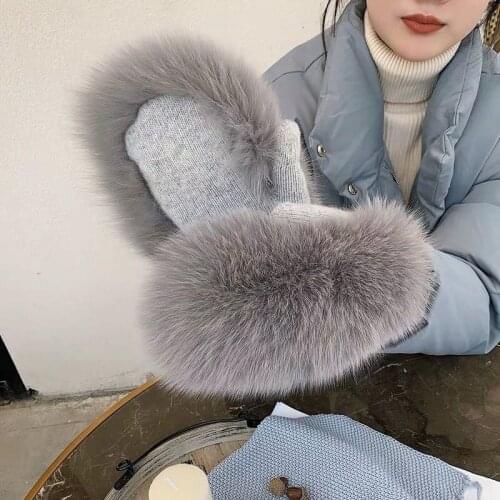 2019 New Women Winter Luxury Real Fox Fur Gloves Wool Kintting Mittens Girls Ski Gloves Warm Fur Mitts Russian Lady Wrist Glove