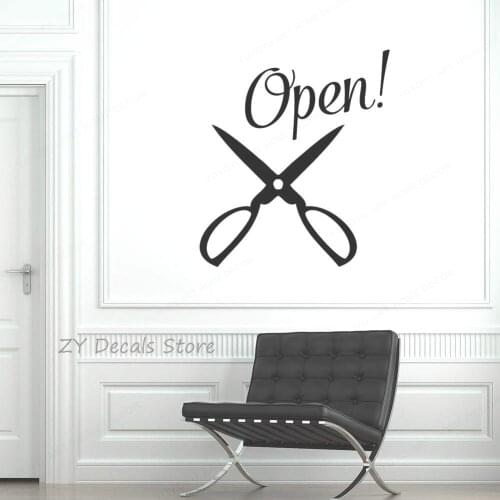 Open Barber Sign Vinyl Wall Decal Scissor Sticker Logo Barber Window Wall Stickers Poster Decals Wall Stickers Decoration HL157