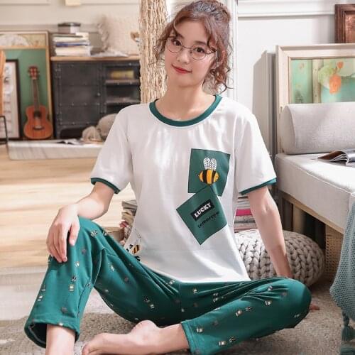 Pajamas Women Set Plus size Loose Pyjama Cotton Short sleeve Long Pants Sleepwear Cartoon Female Homewear Pijama Nightsuit Mujer