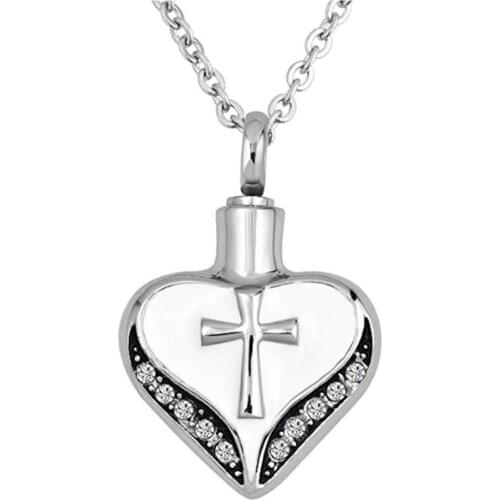 Religious Cross Memorial Urn Necklace for Ashes Cremation Keepsake Stainless Steel Jewelry Heart Pendant Funnel Fill Kit