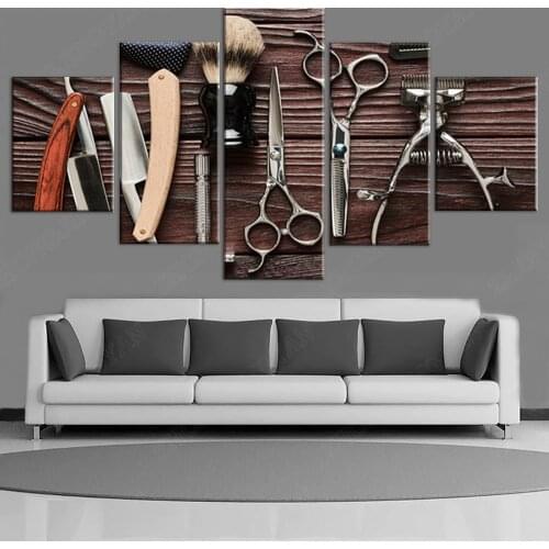 Modern Hairdresser Barber Tools Patterned 5 Panels Canvas Poster Panting Pictures Hair Shop Decor Wall Art Hanging Painting