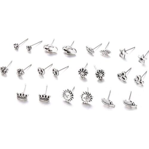 Stylish Bar Women Boho Earrings 11 Pairs/ 22pcs Set Punk Hollw Crown Flowers Leaves Stars Sun Earring Women Peace Unique Design