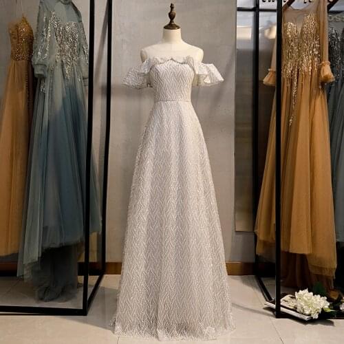 Evening Dress Sequins Ruffles Short Sleeves Lace O-Neck A-Line Floor-Length Simple Zipper Back New Party Formal Gown Woman B316