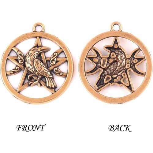 Viking Gold Color Raven Moon Pentacle Pendant Dark Moon Morrigan Crow Magick Pendant