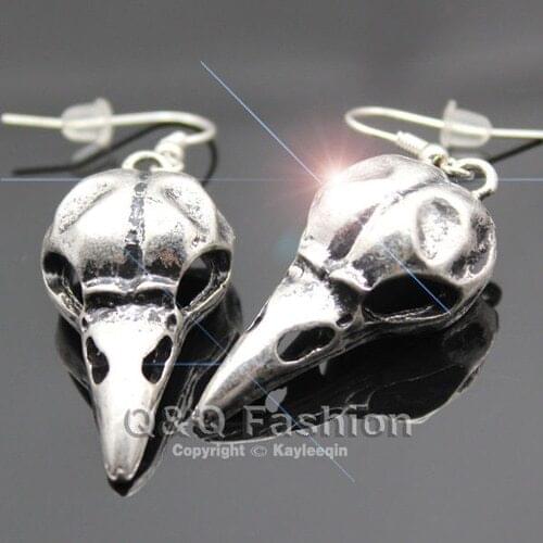 Vintage Silver Plated Skull Bird Dangle Earrings Crow Raven Gothic Punk Emo Steampunk Jewelry New
