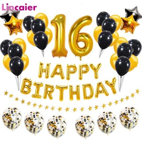 Number 16 Foil Balloon Happy Birthday Party Decorations Sweet 16th Years Old Boy Girl Gold Black Decor 61 61st Anniversary