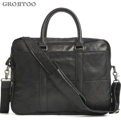 GROJITOO high quality briefcase mens leather laptop bag top layer leather casual shoulder diagonal large business briefcase