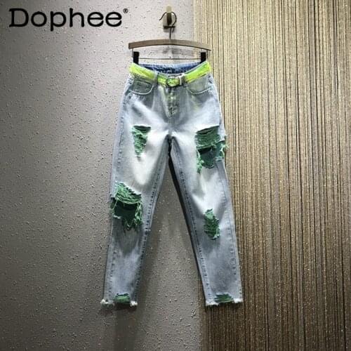 2021 Summer New Color Ripped Beggar Jeans Womens High Waisted All-Matching Casual Thin Straight Denim Pants Cropped Trousers