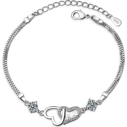 925 Sterling Silver Double Layer Box Chain Heart Charm Bracelet &Bangle For Women Elegant Jewelry sl081