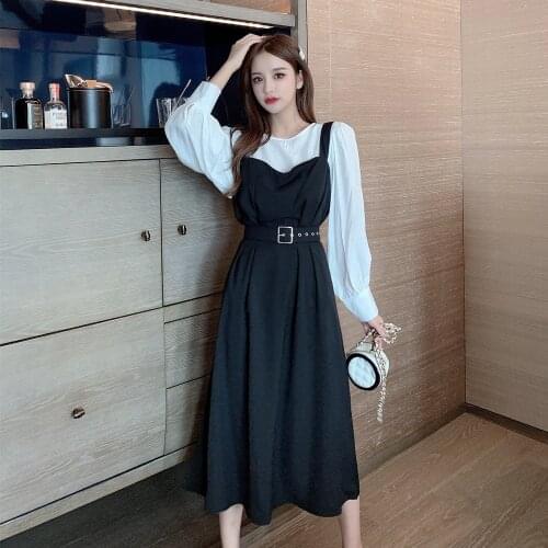 New 2020 Autumn Women 2 Piece Set Fashion Waist Casual Mid-Length Suspender Skirt Light Mature Female Long Sleeved Top Sets Suit