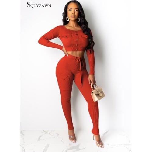 Knitted Two Piece Sets Autumn Winter Long Sleeve Crop Top And Pencil Pants Women Set Skinny Casual Sweater 2 Piece Set Outfit
