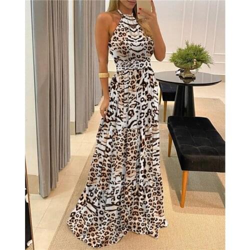 Fashion Women Summer Sleeveless Maxi Dress Leopard Print Butterfly Polka Dot Halter Neck Backless Full-Length Dress for Ladies