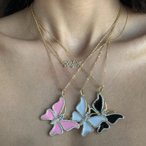 Pink white enamel Elegant Butterfly cz Pendant Necklace for Women fashion animals charm delicate Handmade Necklace for wedding