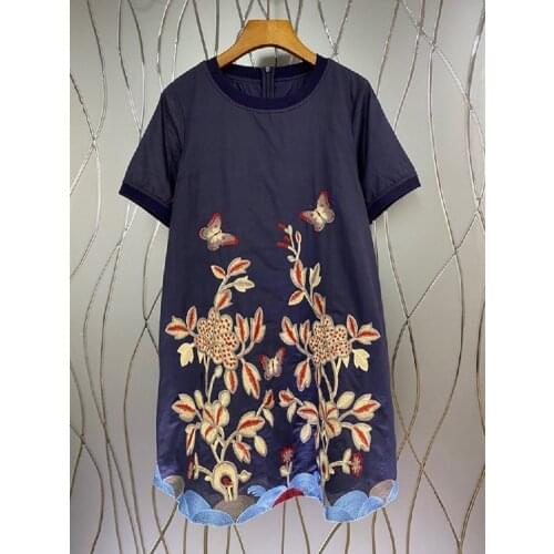 Vintage Retro Dress 2021 Summer Style Women Color Block Floral Embroidery Short Sleeve Casual Dark Blue Dress Cotton Linen