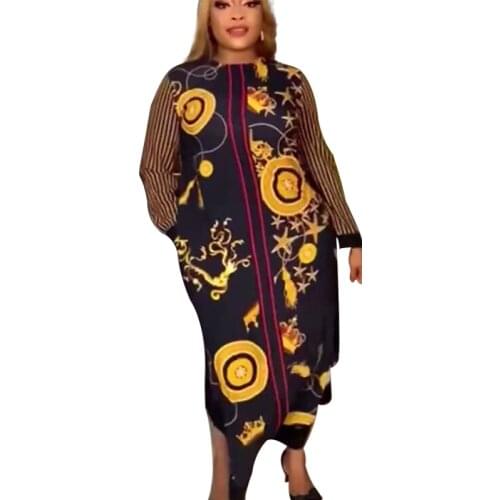 African Long Dresses For Women Full Sleeve O Neck Robe Fashion Back Striped Splice Bazin Riche African Office Lady Dress Vestido