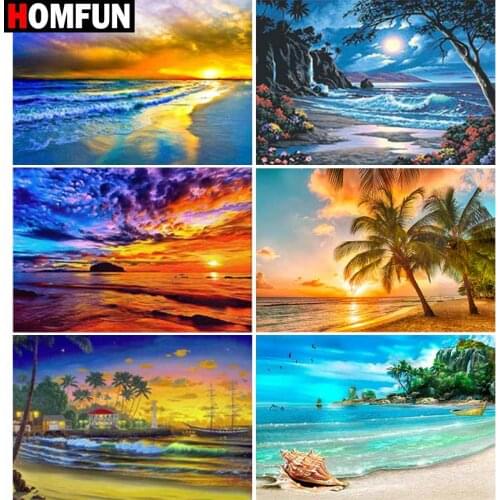 HOMFUN Full Square/Round Drill 5D DIY Diamond Painting“Beach sunset landscape” Embroidery Cross Stitch 5D Home Decor Gift