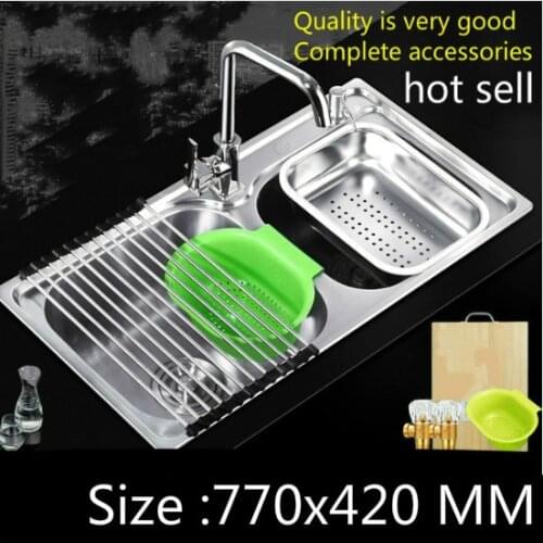 Free shipping Luxury high capacity wash vegetables vogue big kitchen double groove sink 304 stainless steel 77x42 CM