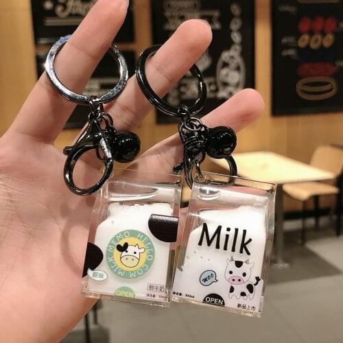 Creative Dairy Cow Milk Drinks Acrylic Keychain Moving Liquid Milk Keyrings Decompression Drift Bottle Keyfob Jewelry Kids Gifts