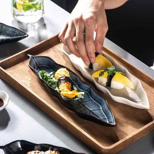 Ceramic Sushi Dessert Leaf Plate Japanese Irregular Long Strip Cuisine Fruit Plate Hotel Restaurant Tableware Kitchen Supplies