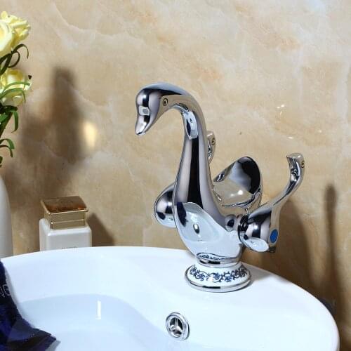 Bathroom Vessel Sink Faucet Basin Faucet Cute Duck Shape Double Handles Deck Mount Brass Washbasin Sink Mixer Taps