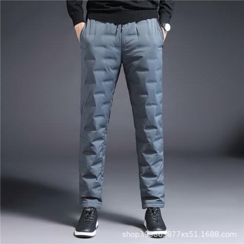 2021 mens new plus velvet thick down pants youth solid color straight lace-up elastic down pants