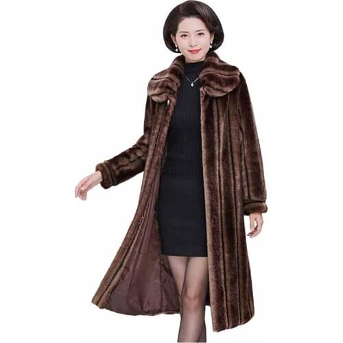 New High Quality Stripe Mink Fur Coat Middle-aged Women Winter Faux Fur Long Jacket Plus Size Thicken Loose Casual Outwear KW429