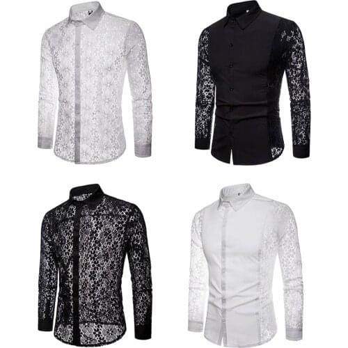 Men Shirt 2020 Spring Hollow Lace Patchwork Long Sleeve Shirt Men Streetwear Mens Shirts Casual Slim Fit Night Club Dress Tuxedo