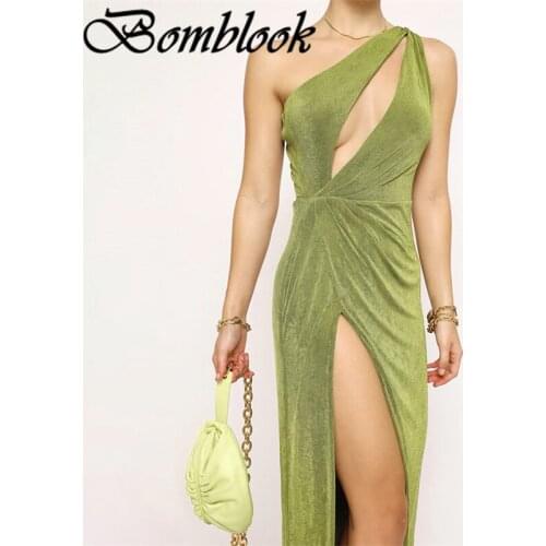 Bomblook Sexy Party Club Bodycon Dresses For Women 2021 Summer Solid Single Shoulder Cut Out Slit Midi Night Dress Female Outfit