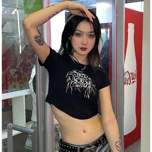 Tumblr Y2K Print Hip Hop Chic Punk Harajuku Streetwear Gothic Demon Casual Women T-Shirt 90s Graphic Vintage Harajuku Crop Tops