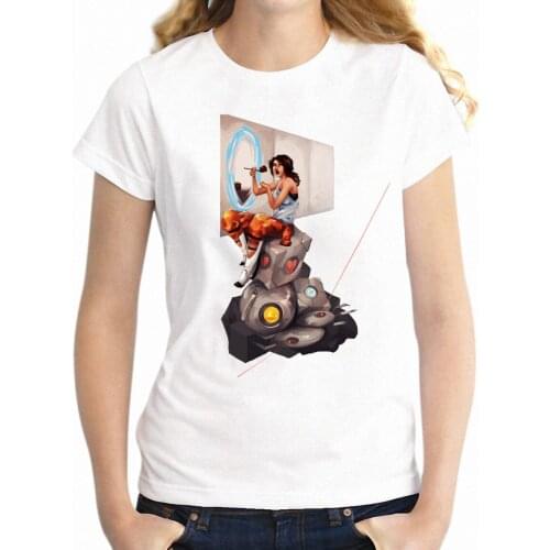 Womens T-shirt Portal Glados and Chell Gaming Gamer Artwork Awesome Gaming Gamer Artwork Artsy Girls tshirt Harajuku tees tops