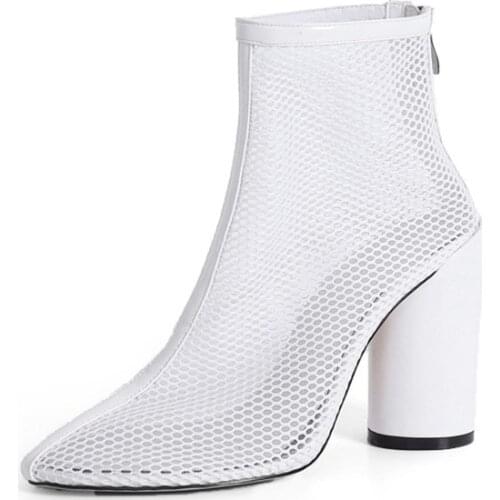 2019 Fashion Women White Net Back Zipper Boots Sexy Fishnet Breathable Chunky High Heel Booties Real Photos Female Summer Boots