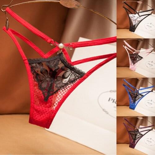 Female Cross Contrast Pearl Hollow Thong Sexy Lace Seamless Underwear Briefs Lingerie Underpants G-String Sexy Briefs Lingerie