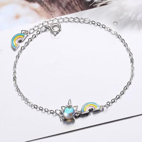 925 Sterling Silver Crystal Rainbow Unicorn Charm Bracelets & Bangle For Women Wedding Jewelry sl341