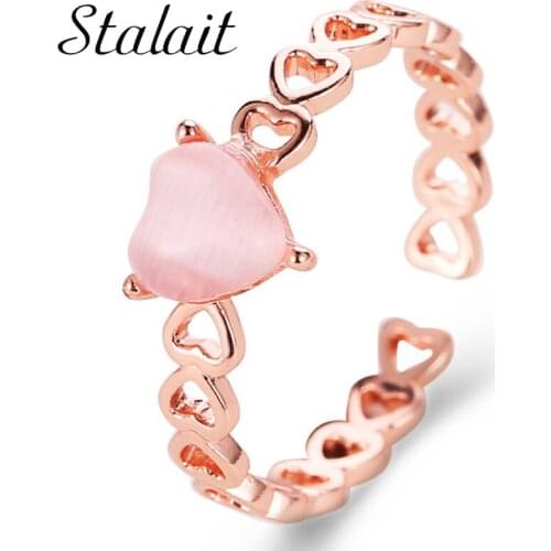 Hollow Love Open Opal Heart Rings Small Fresh Peach Rose Gold Princess Wedding Ring With Stone New Lucki Charm Ring