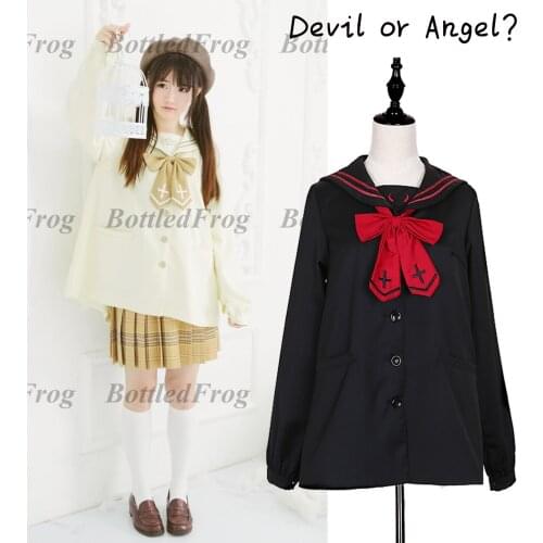 Devil or Angel? Cute Womens Japanese JK School Uniform Style Sailor Collar Cross & Wings Embroidery Trench Preppy Style Shirt