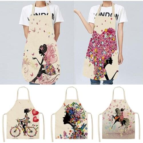 2021 Beautiful Woman Flower Apron Kitchen Apron Printed Sleeveless Linen Aprons for Men Women Home Cleaning Tools 68*55cm