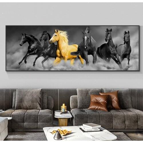 Modern God and Black Six Horses Running Oil Painting HD Print on Canvas Poster Wall Art Picture for Living Room Sofa Cuadros
