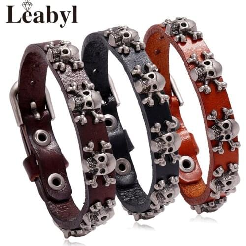 Leabyl Classic Punk Series Skeleton Rivet Vintage Men Bracelet 3 Color Cow Leather Strap Buckle Bracelet Adjustable Jewelry