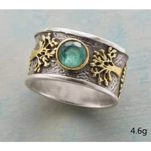 Punkboy Trendy Mens Nordic Jewelry Vintage Tree of Life Ring Retro Male Light Green Crystal Rhinestone Tree Ring Size 5-11