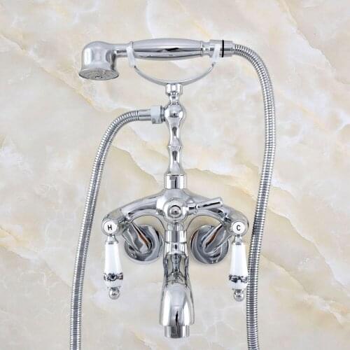 Silver Polished Chrome Brass Wall Mounted Dual Ceramic Handles Clawfoot Bathtub Faucet Handshower - Adjusts From 3-3/8" aqg405
