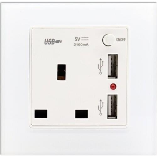 New Arrival 13A UK Standard Wall Power Socket White Crystal Glass Panel Outlet 2100mA Dual USB Socket Charger Port for Mobile