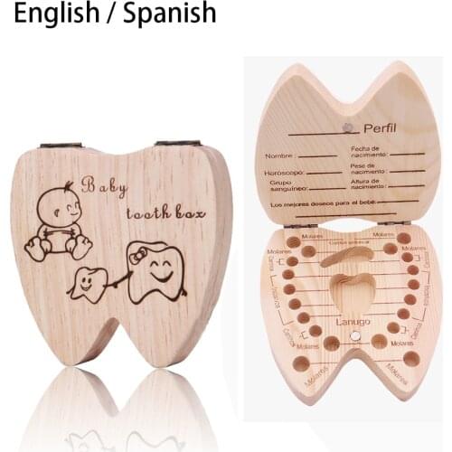 2020 New Spanish/English Baby Wood Tooth Box Umbilical Organizer Milk Teeth Storage Collect Teeth Baby Souvenirs Gift Keepsakes