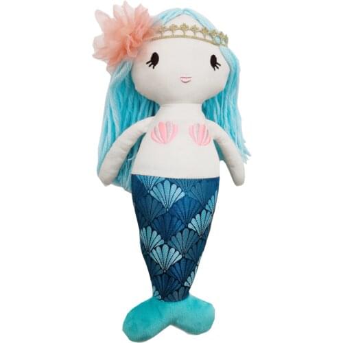 Adorable Mermaid Plush Toys With Blue Hair Handmade Cuddle Mermaid Baby Princess With Lace Headband Stuffed Soft Cloth Toys