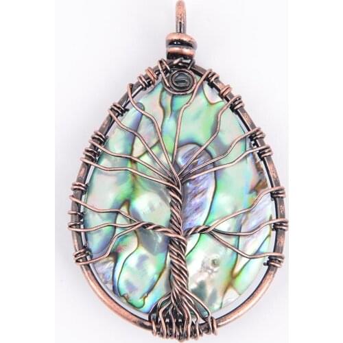 Natural Stone Water Drop Abalone Shell Pendant Necklace Charm Copper Line Wrapped Tree of Life Female Fashion Jewelry D543