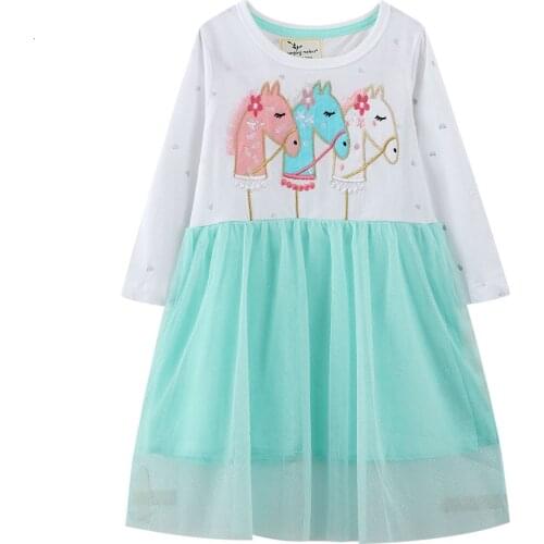 Girls Long Sleeve Dress Unicorn Embroidered Lace Hem Autumn Cotton Dress 7548