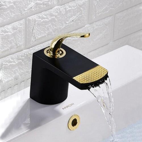 Bathroom Waterfall Faucet Black & Gold/White & Rose Gold Brass Basin Faucet Bathroom Mixer Tap Deck Mounted Basin Sink Mixer Tap
