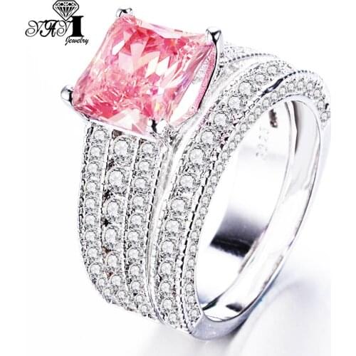 YaYI Fashion Women Jewelry couple Ring 3CT Pink Zircon CZ Silver Color Engagement Rings wedding Rings Party Ring
