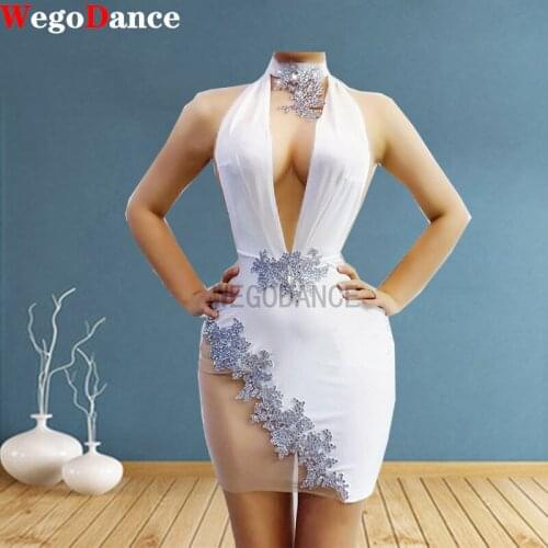 Silver Rhinestone Halter White Short Dress Women Dancer Deep V-Collar Outfit Prom Birthday Hip Wrapped Bodycon