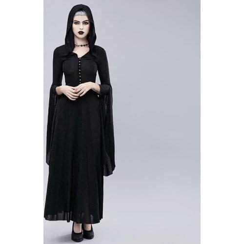 Corzzet Vintage Punk Gothic Black Long Sleeves Hooded Dress Women Burlesque Halloween Costume Steampunk Party Clothing